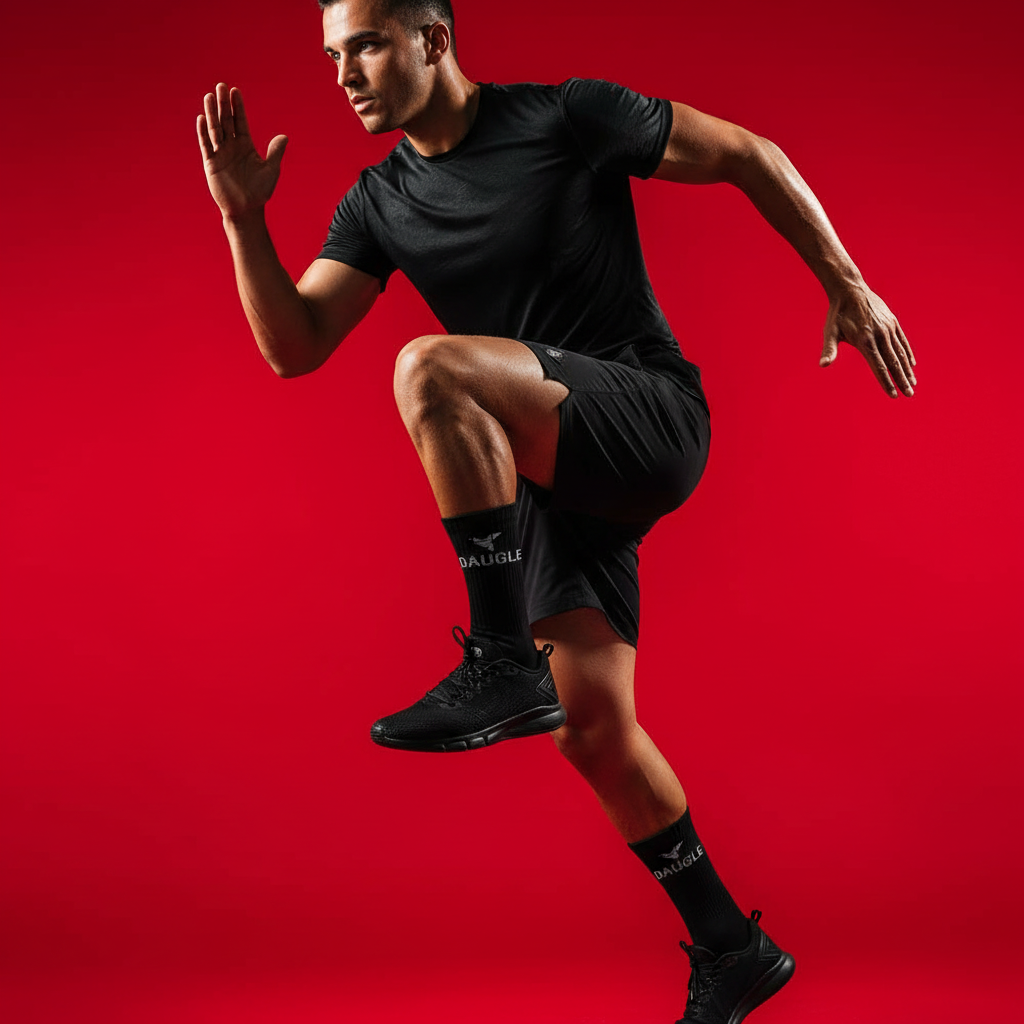 Black Daugle socks athletic shot with red background