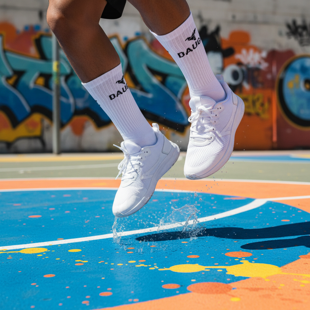 White Daugle socks athletic shot with bright colorful gym